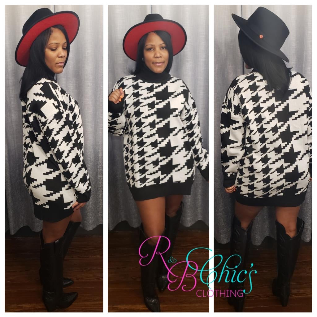 houndstooth knitted dress Fate HOUNDSTOOTH MOCK NECK SHORT SLEEVE SWEATER DRESS size M